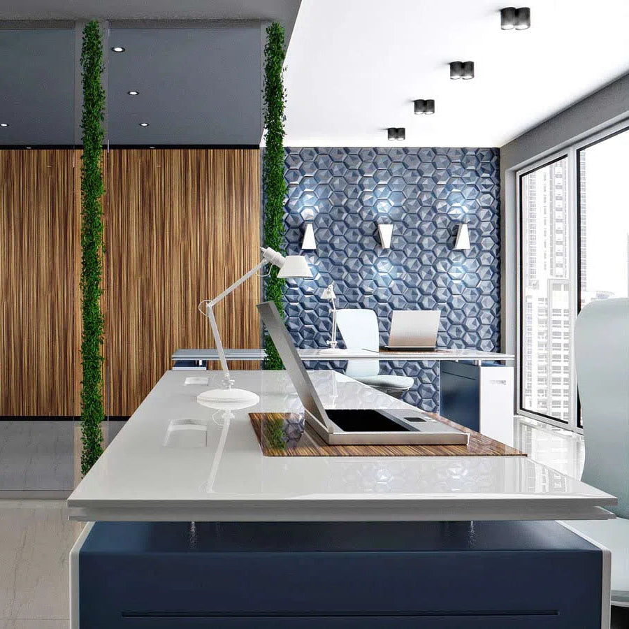 HEXAGON 3D Wall Art - Polystyrene Wall Panels in a office space, complemented by minimalist furniture and greenery for a fresh and clean aesthetic | DecorMania UK